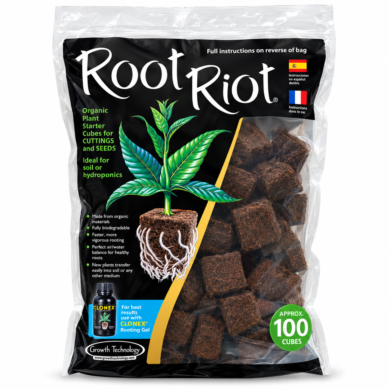 Root Riot Organic Plant Starter Cube for Seedlings and Cuttings in a clear plastic bag with a black printed label, showing brown cube blocks and a green plant illustration.